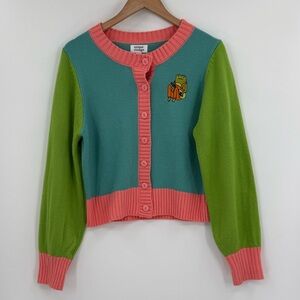 Unique Vintage Frog Embroidered Colorblock Cardigan Sweater in Multi | M/L